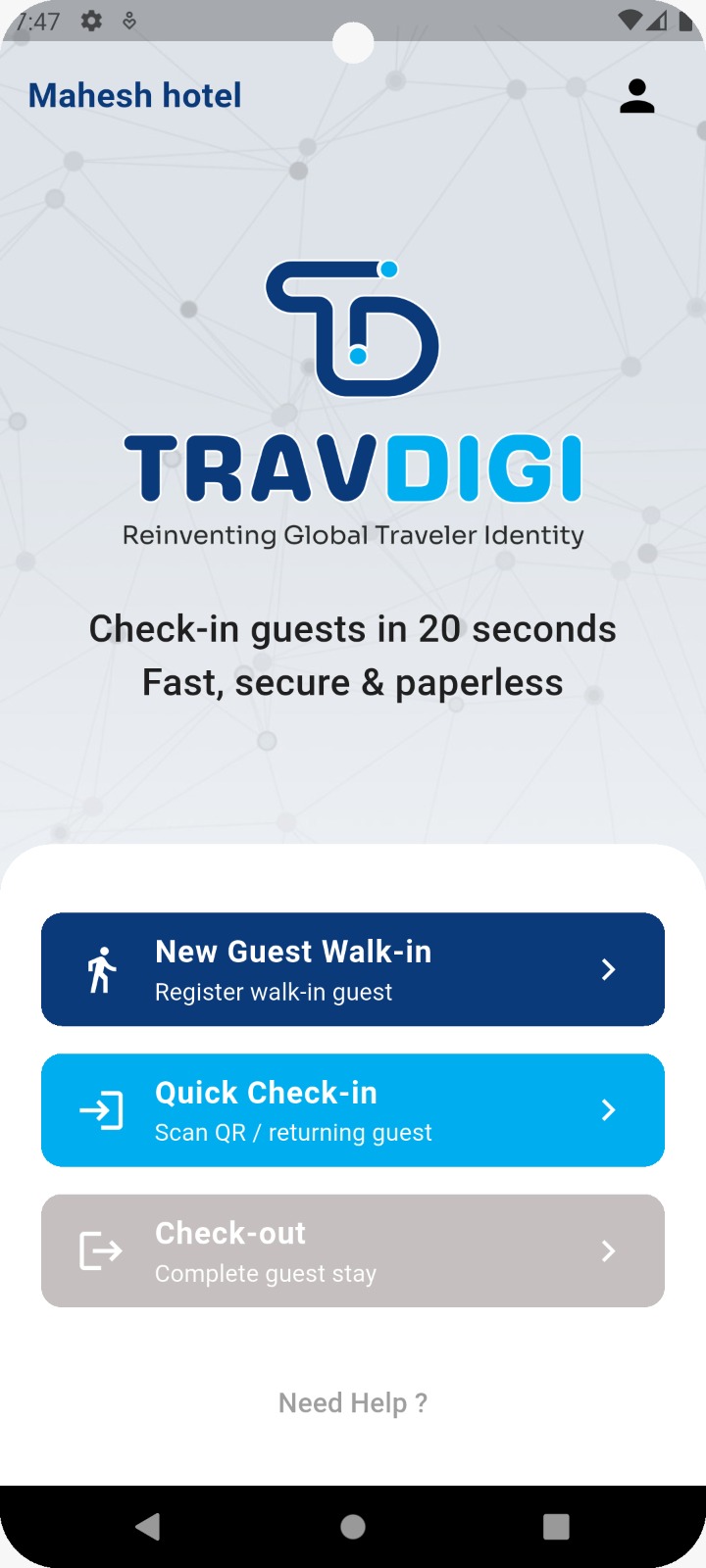 TravDigi hotel app home screen with walk-in, QR check-in and check-out options