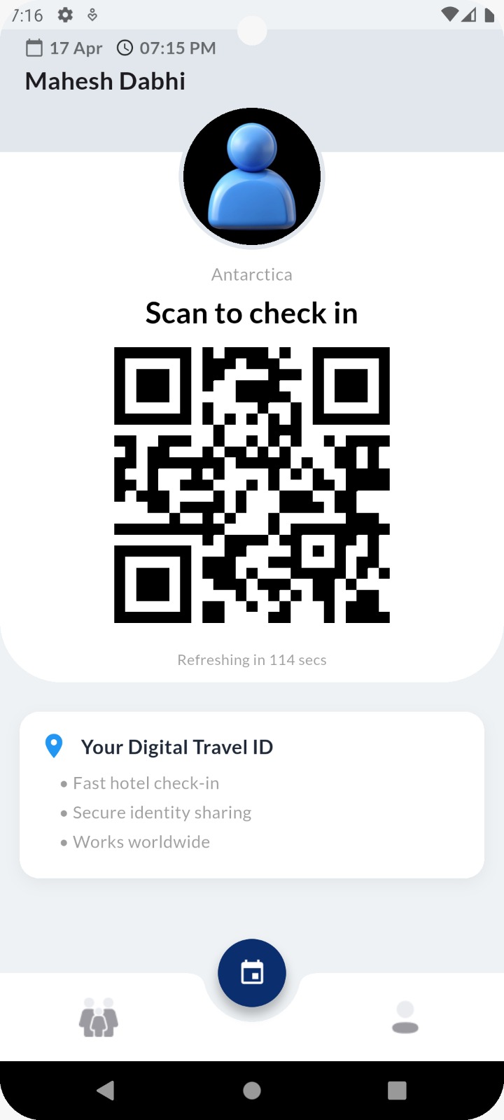 TravDigi traveler app showing the dynamic QR code for hotel check-in